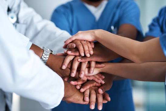 Team members collaborating warmly on health advisory projects